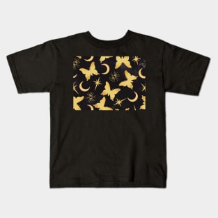 Gold Stamped Butterflies and Sunbursts on Black Kids T-Shirt